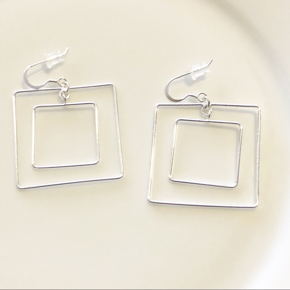 Modern Sterling Silver Double Square Hoop Earrings